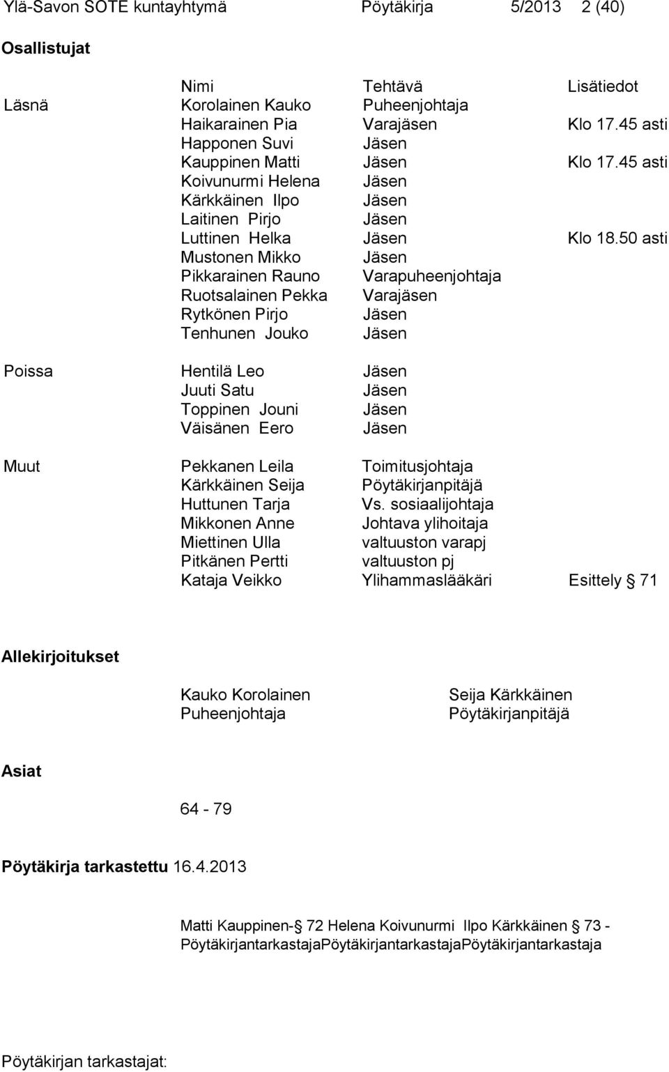 50 asti Mustonen Mikko Jäsen Pikkarainen Rauno Varapuheenjohtaja Ruotsalainen Pekka Varajäsen Rytkönen Pirjo Jäsen Tenhunen Jouko Jäsen Poissa Hentilä Leo Jäsen Juuti Satu Jäsen Toppinen Jouni Jäsen
