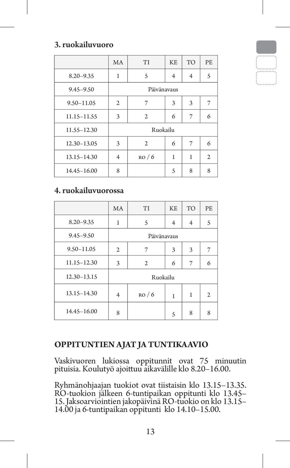 30 4 ro / 6 1 1 2 14.45 16.00 8 5 8 8 OPPITUNTIEN AJAT JA TUNTIKAAVIO Vaskivuoren lukiossa oppitunnit ovat 75 minuutin pituisia. Koulutyö ajoittuu aikavälille klo 8.20 16.00. Ryhmänohjaajan tuokiot ovat tiistaisin klo 13.