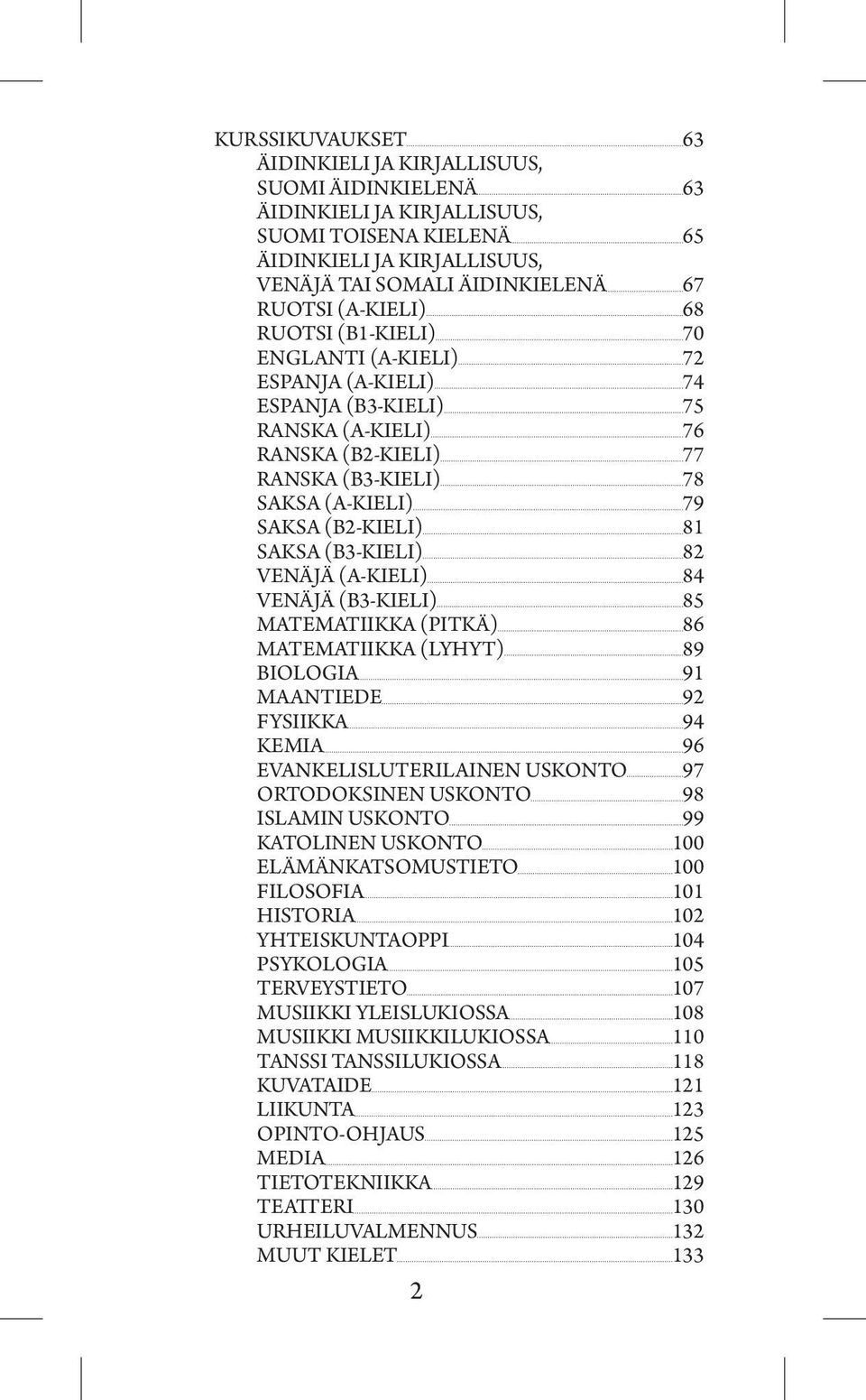 SAKSA (B3-KIELI) 82 VENÄJÄ (A-KIELI) 84 VENÄJÄ (B3-KIELI) 85 MATEMATIIKKA (PITKÄ) 86 MATEMATIIKKA (LYHYT) 89 BIOLOGIA 91 MAANTIEDE 92 FYSIIKKA 94 KEMIA 96 EVANKELISLUTERILAINEN USKONTO 97