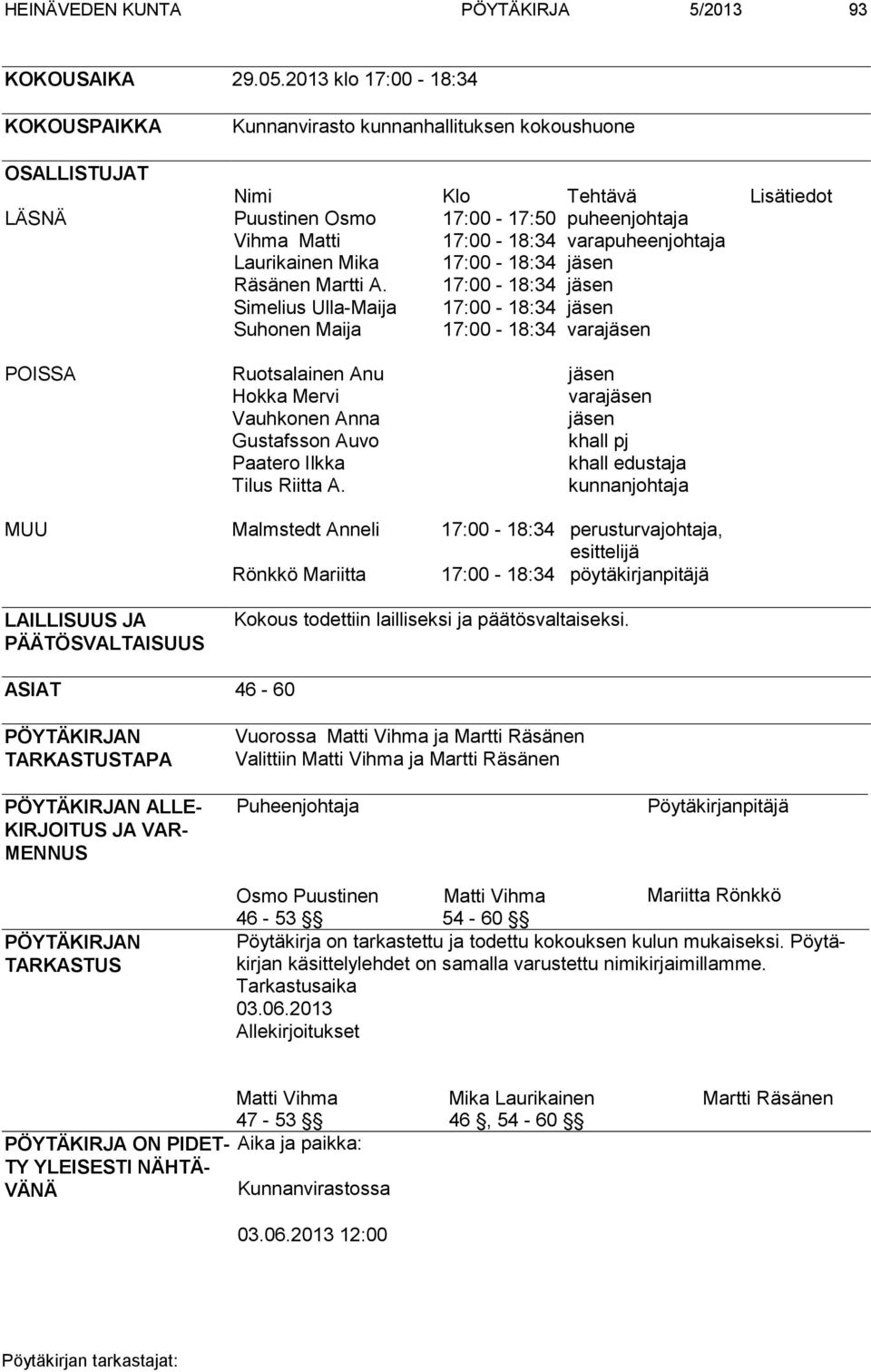 varapuheenjohtaja Laurikainen Mika 17:00-18:34 jäsen Räsänen Martti A.