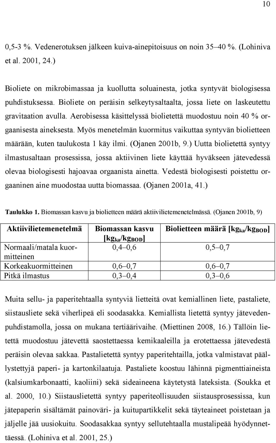 Myös menetelmän kuormitus vaikuttaa syntyvän biolietteen määrään, kuten taulukosta 1 käy ilmi. (Ojanen 2001b, 9.