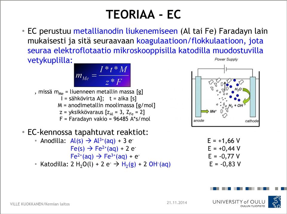 anodimetallin moolimassa [g/mol] z = yksikkövaraus [z Al = 3, Z Fe = 2] F = Faradayn vakio = 96485 A*s/mol EC-kennossa tapahtuvat reaktiot: Anodilla: Al(s)