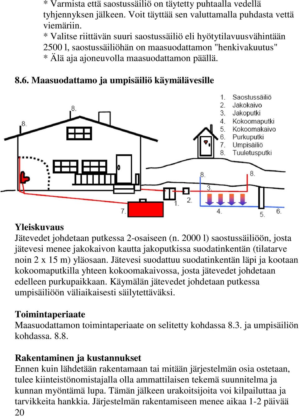 Maasuodattamo ja umpisäiliö käymälävesille Yleiskuvaus Jätevedet johdetaan putkessa 2-osaiseen (n.