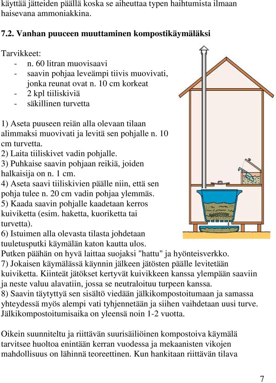 10 cm korkeat - 2 kpl tiiliskiviä - säkillinen turvetta 1) Aseta puuseen reiän alla olevaan tilaan alimmaksi muovivati ja levitä sen pohjalle n. 10 cm turvetta. 2) Laita tiiliskivet vadin pohjalle.