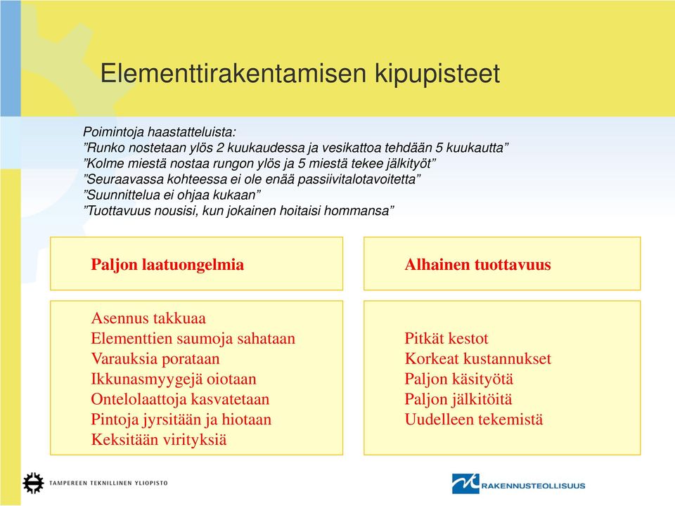 jokainen hoitaisi hommansa Paljon laatuongelmia Alhainen tuottavuus Asennus takkuaa Elementtien saumoja sahataan Varauksia porataan Ikkunasmyygejä oiotaan