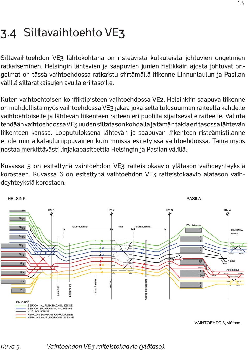 Kuten vaihtoehtoisen konfliktipisteen vaihtoehdossa VE2, Helsinkiin saapuva liikenne on mahdollista myös vaihtoehdossa VE3 jakaa jokaiselta tulosuunnan raiteelta kahdelle vaihtoehtoiselle ja lähtevän