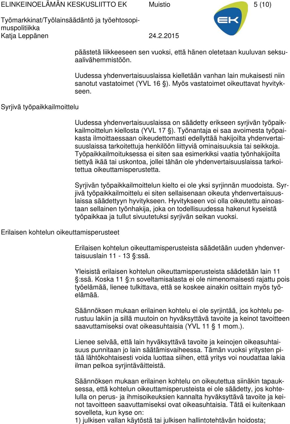 Uudessa yhdenvertaisuuslaissa on säädetty erikseen syrjivän työpaikkailmoittelun kiellosta (YVL 17 ).