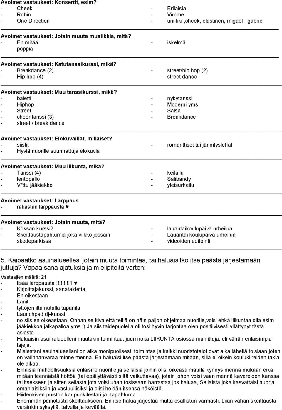 - baletti - Hiphop - Street - cheer tanssi (3) - street / break dance - nykytanssi - Moderni yms - Salsa - Breakdance Avoimet vastaukset: Elokuvaillat, millaiset?