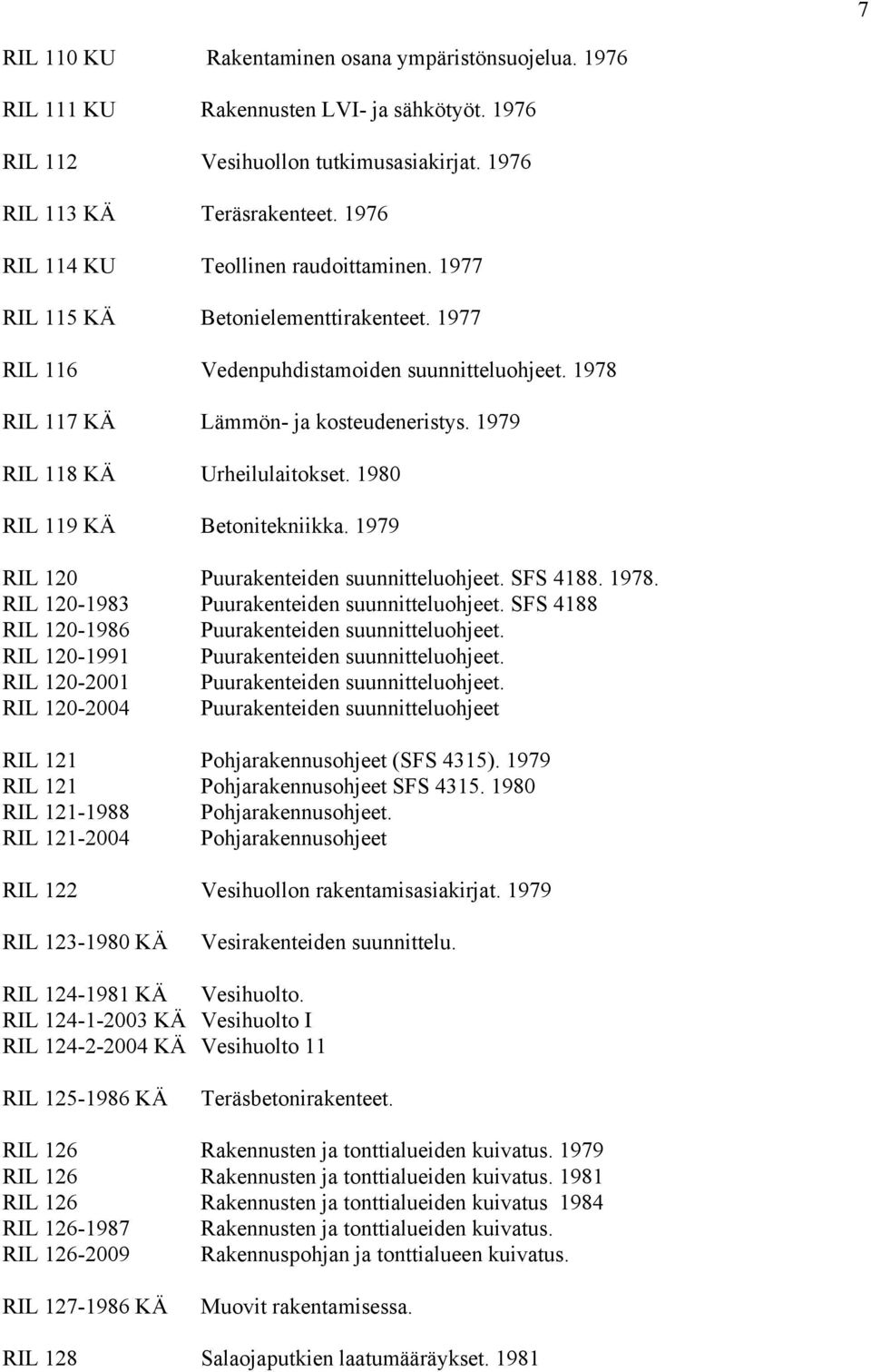 1979 RIL 118 KÄ Urheilulaitokset. 1980 RIL 119 KÄ Betonitekniikka. 1979 RIL 120 Puurakenteiden suunnitteluohjeet. SFS 4188. 1978. RIL 120-1983 Puurakenteiden suunnitteluohjeet.