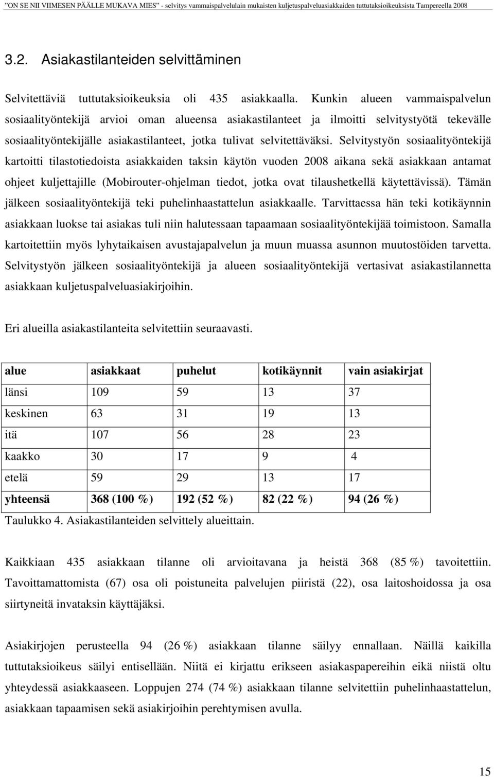 Selvitystyön sosiaalityöntekijä kartoitti tilastotiedoista asiakkaiden taksin käytön vuoden 2008 aikana sekä asiakkaan antamat ohjeet kuljettajille (Mobirouter-ohjelman tiedot, jotka ovat