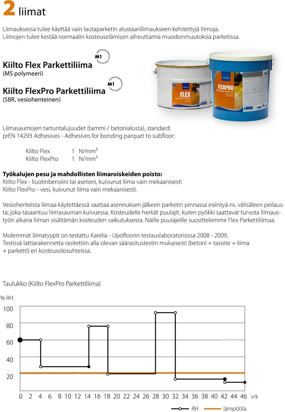 bonding parquet to subfloor: Kiilto Flex Kiilto FlexPro 1 N/mm² 1 N/mm² Työkalujen pesu ja mahdollisten liimaroiskeiden poisto: Kiilto Flex - liuotinbensiini tai asetoni, kuivunut liima vain