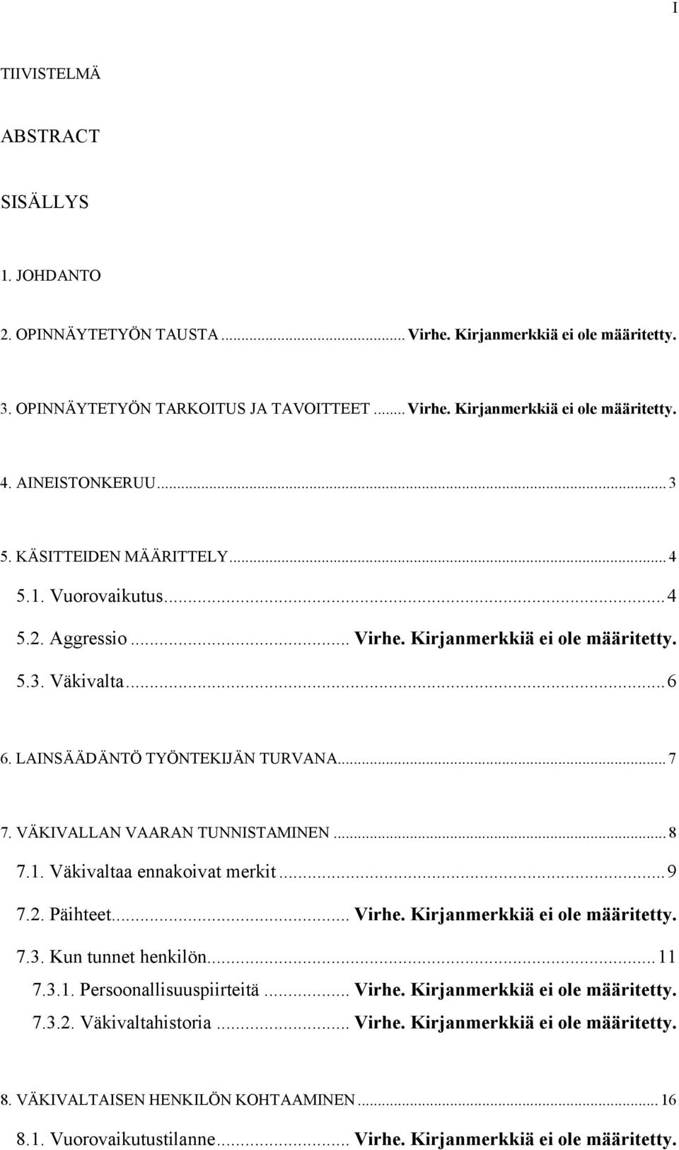 VÄKIVALLAN VAARAN TUNNISTAMINEN... 8 7.1. Väkivaltaa ennakoivat merkit...9 7.2. Päihteet... Virhe. Kirjanmerkkiä ei ole määritetty. 7.3. Kun tunnet henkilön...11 7.3.1. Persoonallisuuspiirteitä.