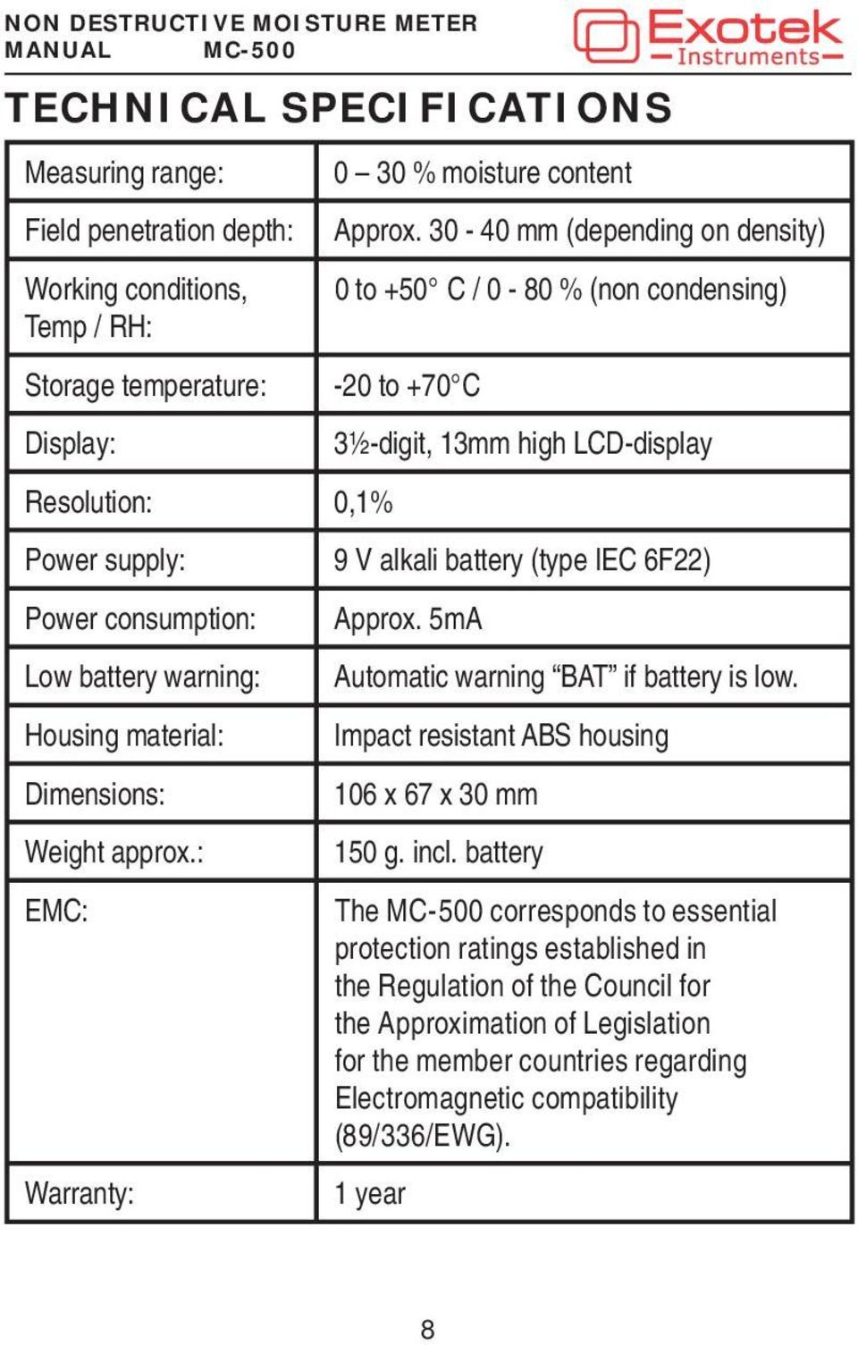 IEC 6F22) Power consumption: Approx. 5mA Low battery warning: Automatic warning BAT if battery is low. Housing material: Impact resistant ABS housing Dimensions: 106 x 67 x 30 mm Weight approx.