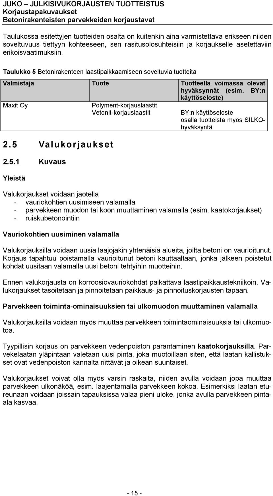 Betonirakenteen laastipaikkaamiseen soveltuvia tuotteita Valmistaja Tuote Tuotteella voimassa olevat hyväksynnät (esim. BY:n käyttöseloste) Maxit Oy 2.5 