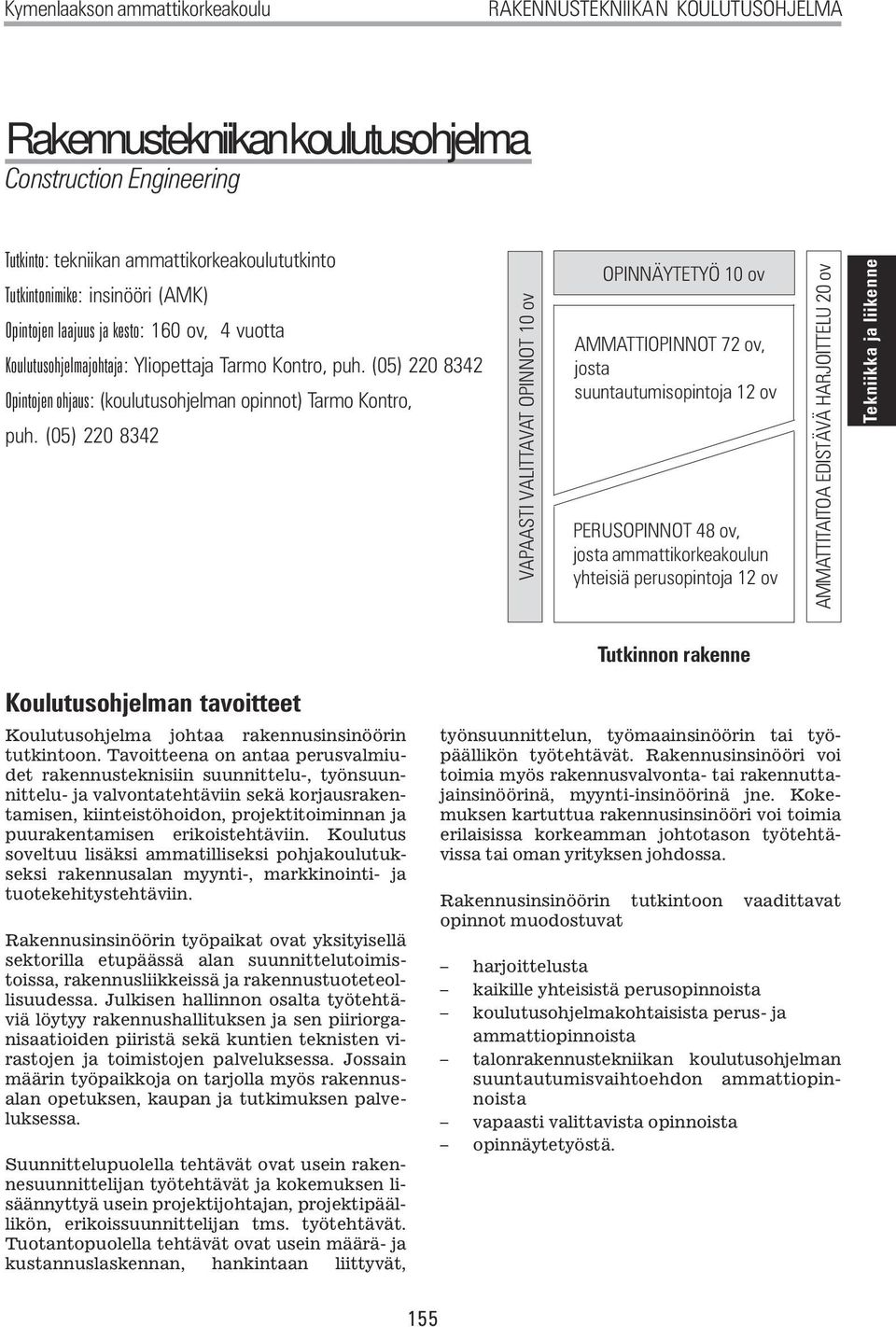 (05) 220 8342 VAPAASTI VALITTAVAT OPINNOT 10 ov OPINNÄYTETYÖ 10 ov AMMATTIOPINNOT 72 ov, josta suuntautumisopintoja 12 ov PERUSOPINNOT 48 ov, josta ammattikorkeakoulun yhteisiä perusopintoja 12 ov