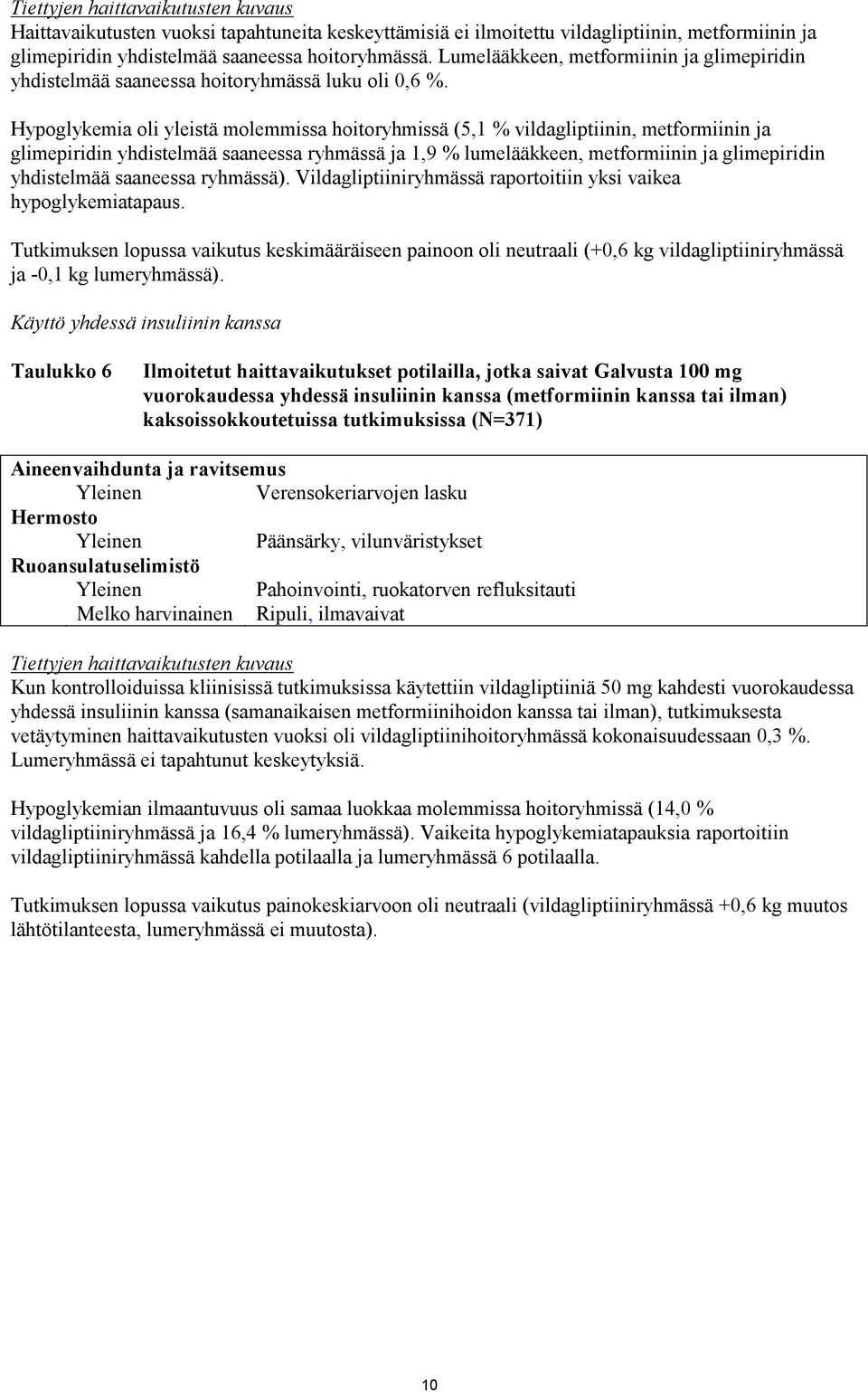 Hypoglykemia oli yleistä molemmissa hoitoryhmissä (5,1 % vildagliptiinin, metformiinin ja glimepiridin yhdistelmää saaneessa ryhmässä ja 1,9 % lumelääkkeen, metformiinin ja glimepiridin yhdistelmää