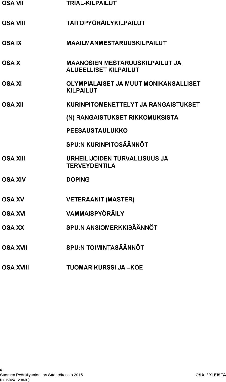 RANGAISTUKSET RIKKOMUKSISTA PEESAUSTAULUKKO SPU:N KURINPITOSÄÄNNÖT OSA XIII OSA XIV URHEILIJOIDEN TURVALLISUUS JA TERVEYDENTILA