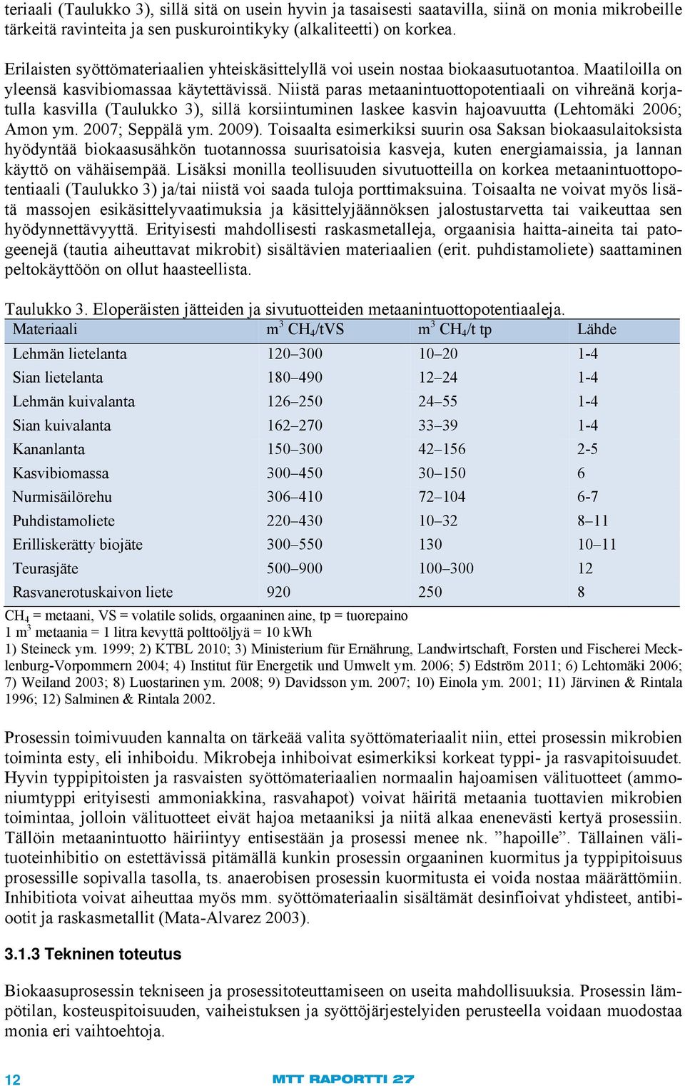 Niistä paras metaanintuottopotentiaali on vihreänä korjatulla kasvilla (Taulukko 3), sillä korsiintuminen laskee kasvin hajoavuutta (Lehtomäki 2006; Amon ym. 2007; Seppälä ym. 2009).