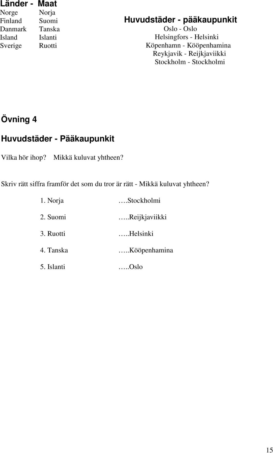 Huvudstäder - Pääkaupunkit Vilka hör ihop? Mikkä kuluvat yhtheen?