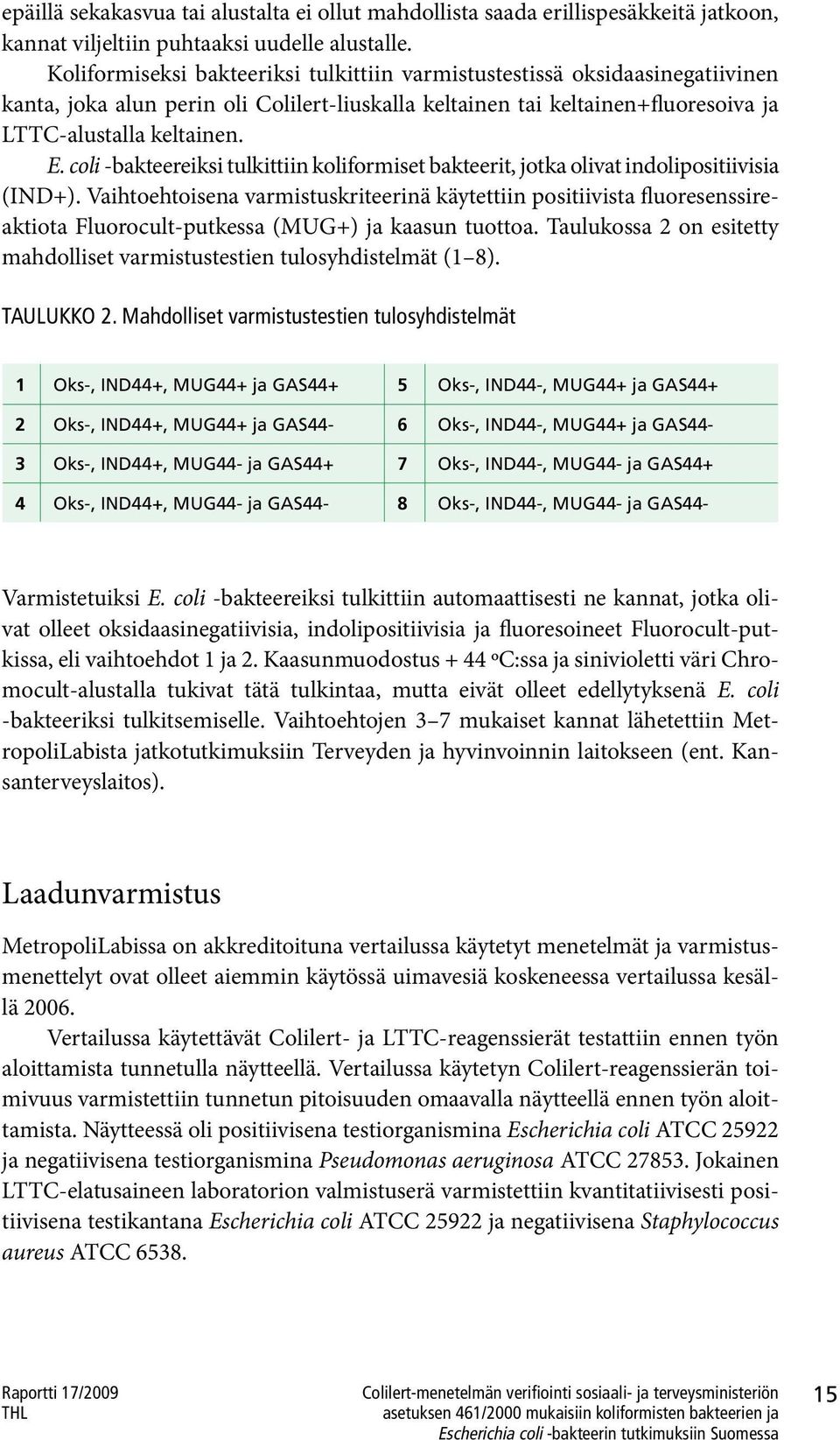 coli -bakteereiksi tulkittiin koliformiset bakteerit, jotka olivat indolipositiivisia (IND+).