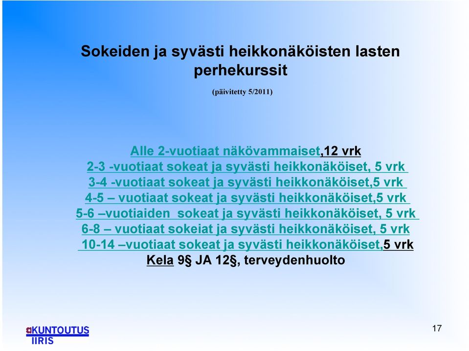 sokeat ja syvästi heikkonäköiset,5 vrk 5-6 vuotiaiden sokeat ja syvästi heikkonäköiset, 5 vrk 6-8 vuotiaat sokeiat