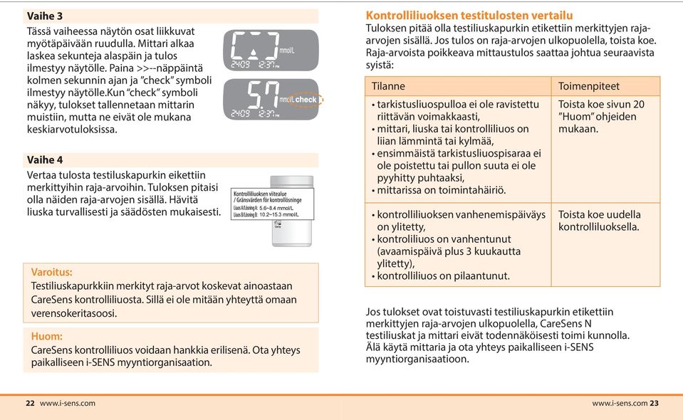 Vaihe 4 Vertaa tulosta testiluskapurkin eikettiin merkittyihin raja-arvoihin. Tuloksen pitaisi olla näiden raja-arvojen sisällä. Hävitä liuska turvallisesti ja säädösten mukaisesti. 5.6~8.4 mmol/l 10.