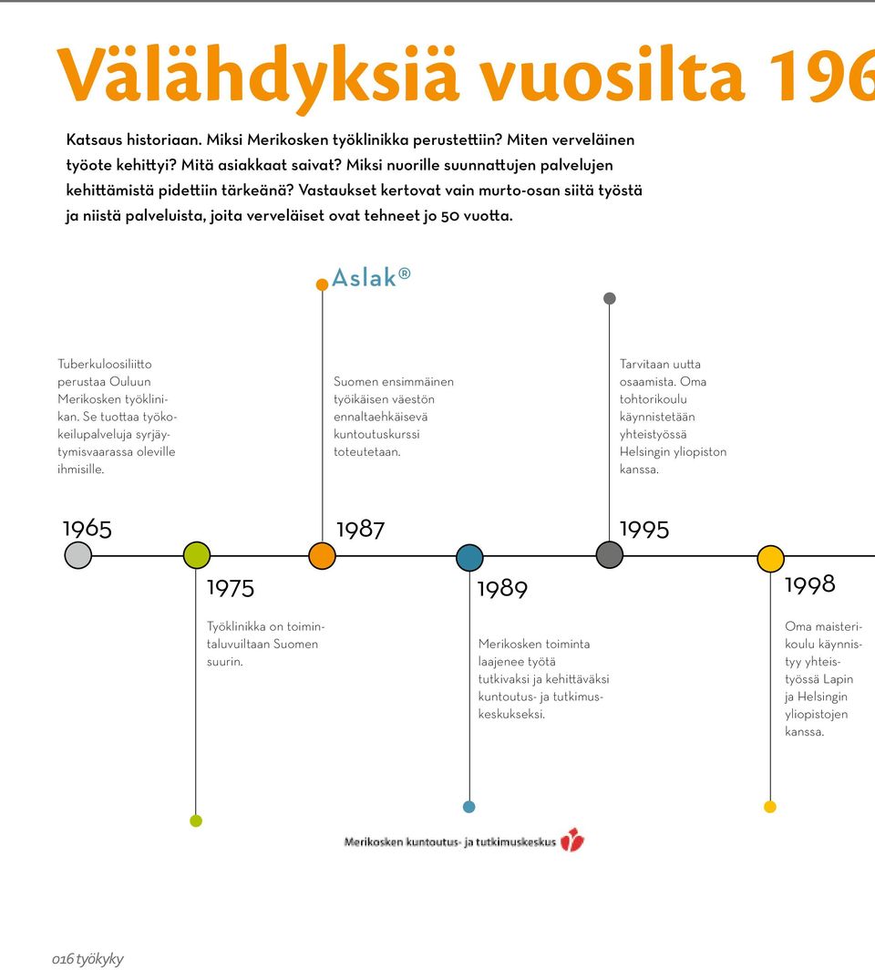 Aslak Tuberkuloosiliitto perustaa Ouluun Merikosken työklinikan. Se tuottaa työkokeilupalveluja syrjäytymisvaarassa oleville ihmisille.