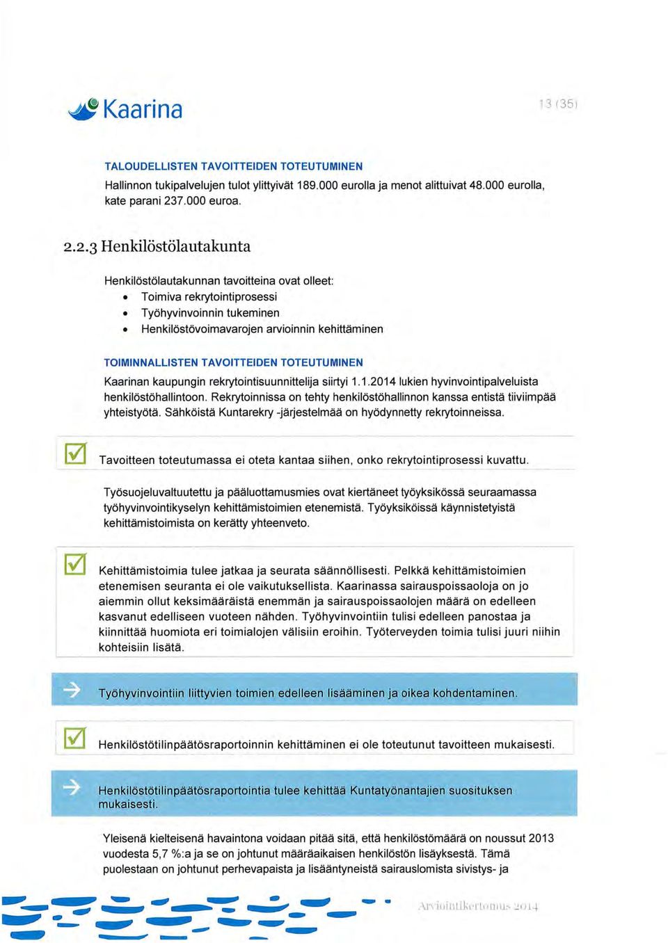 2.3 Henkilöstölautakunta Henkilöstölautakunnan tavoitteina ovat olleet: Toimiva rekrytointiprosessi Työhyvinvoinnin tukeminen Henkilöstövoimavarojen arvioinnin kehittäminen TOIMINNALLISTEN