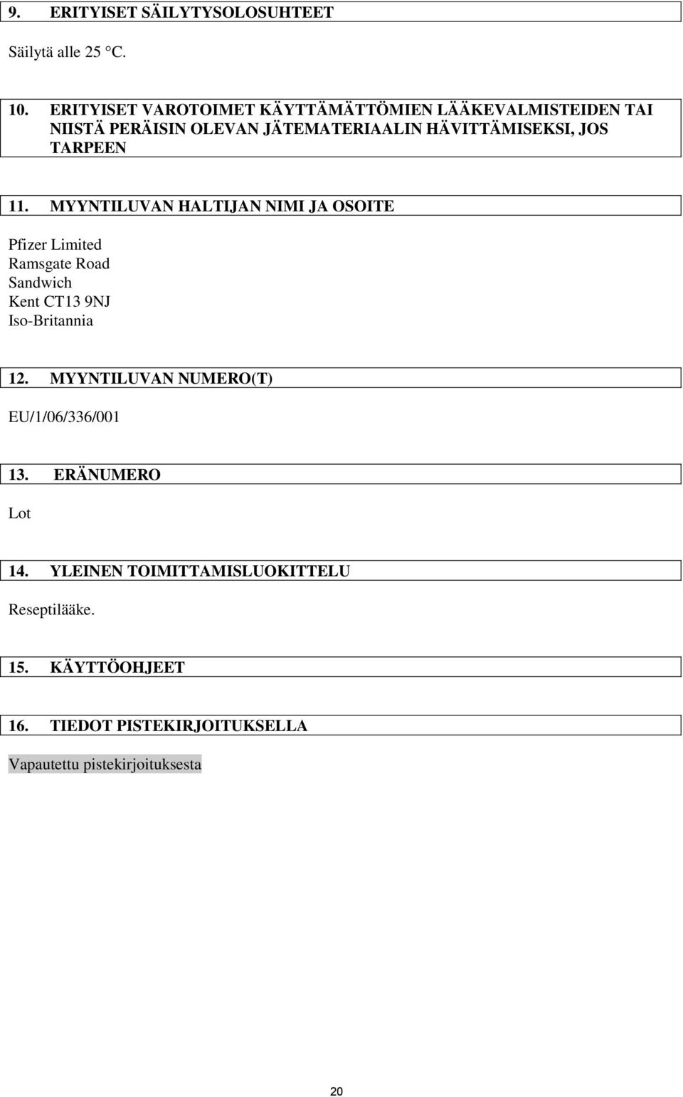 TARPEEN 11. MYYNTILUVAN HALTIJAN NIMI JA OSOITE Pfizer Limited Ramsgate Road Sandwich Kent CT13 9NJ Iso-Britannia 12.