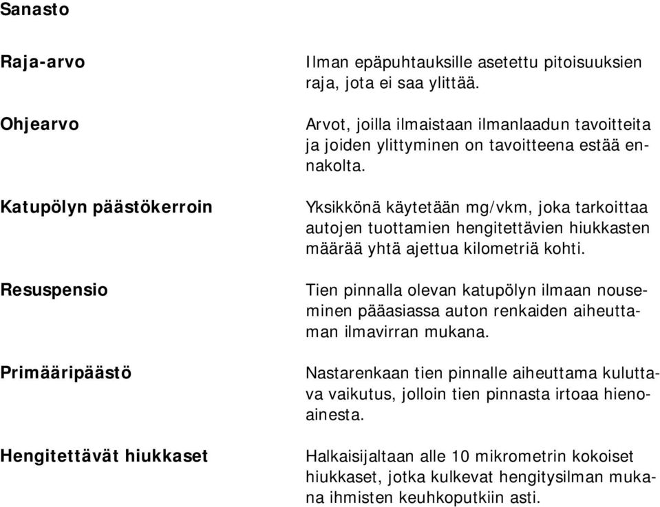 Yksikkönä käytetään mg/vkm, joka tarkoittaa autojen tuottamien hengitettävien hiukkasten määrää yhtä ajettua kilometriä kohti.