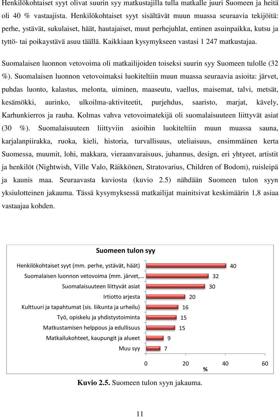 Kaikkiaan kysymykseen vastasi 1 247 matkustajaa. Suomalaisen luonnon vetovoima oli matkailijoiden toiseksi suurin syy Suomeen tulolle (32 %).