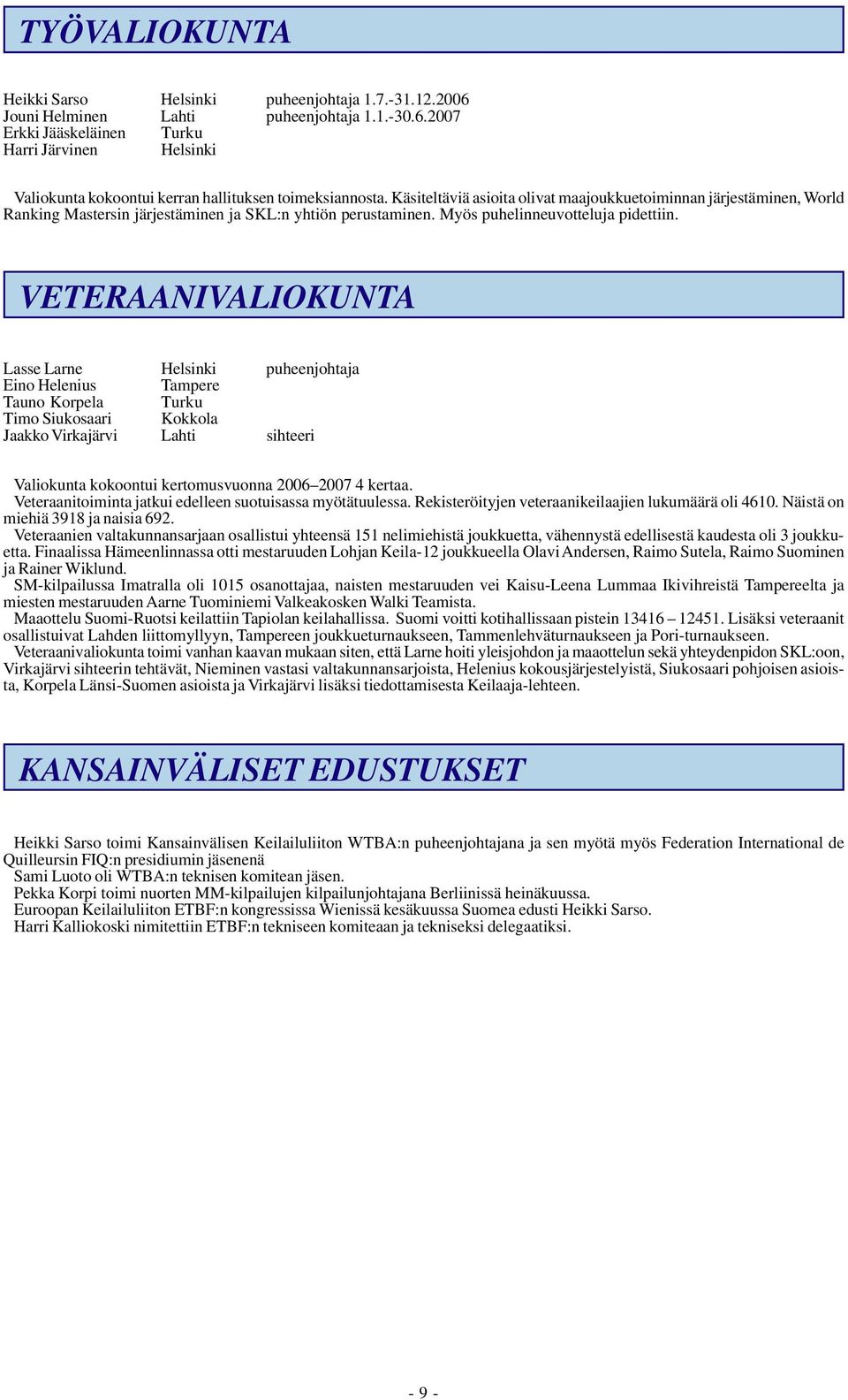 VETERAANIVALIOKUNTA Lasse Larne Helsinki puheenjohtaja Eino Helenius Tampere Tauno Korpela Turku Timo Siukosaari Kokkola Jaakko Virkajärvi Lahti sihteeri Valiokunta kokoontui kertomusvuonna 2006 2007