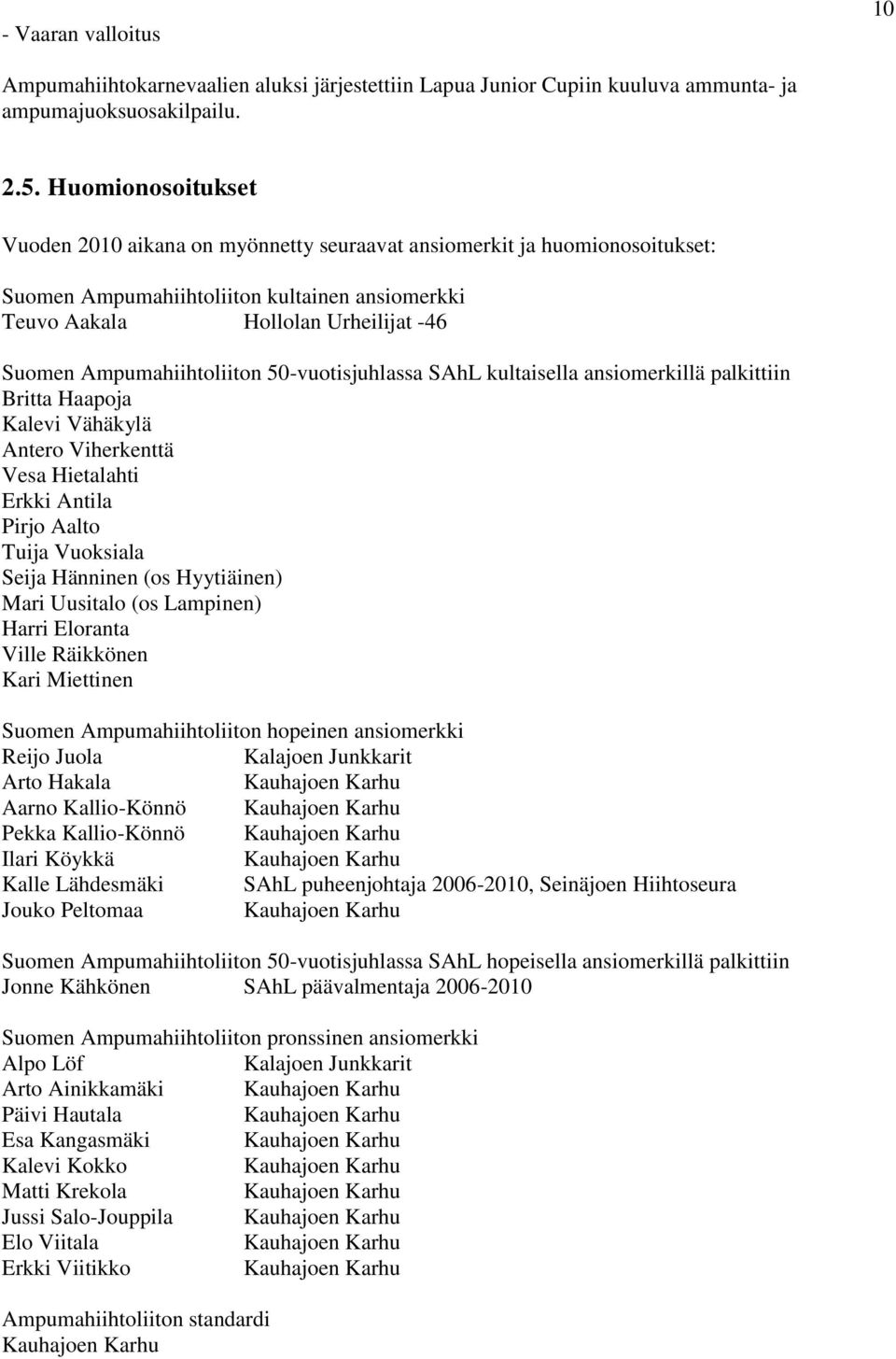 Ampumahiihtoliiton 50-vuotisjuhlassa SAhL kultaisella ansiomerkillä palkittiin Britta Haapoja Kalevi Vähäkylä Antero Viherkenttä Vesa Hietalahti Erkki Antila Pirjo Aalto Tuija Vuoksiala Seija