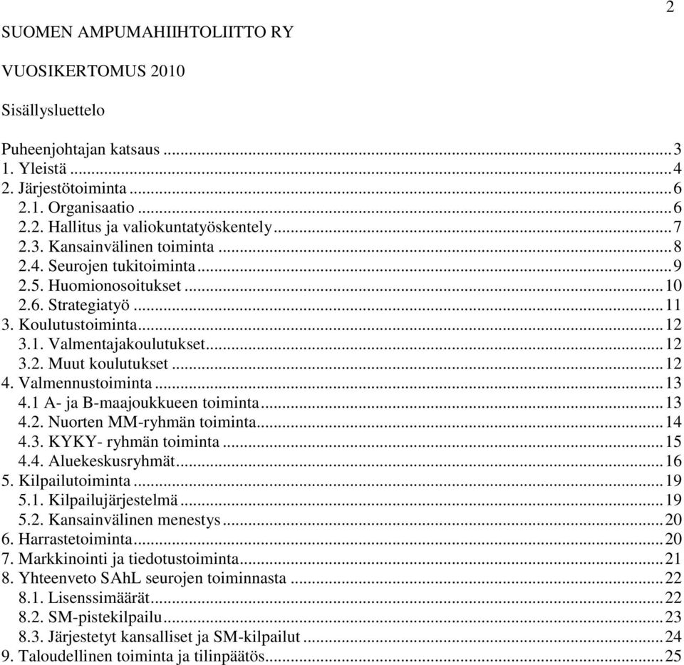 .. 12 4. Valmennustoiminta... 13 4.1 A- ja B-maajoukkueen toiminta... 13 4.2. Nuorten MM-ryhmän toiminta... 14 4.3. KYKY- ryhmän toiminta... 15 4.4. Aluekeskusryhmät... 16 5. Kilpailutoiminta... 19 5.