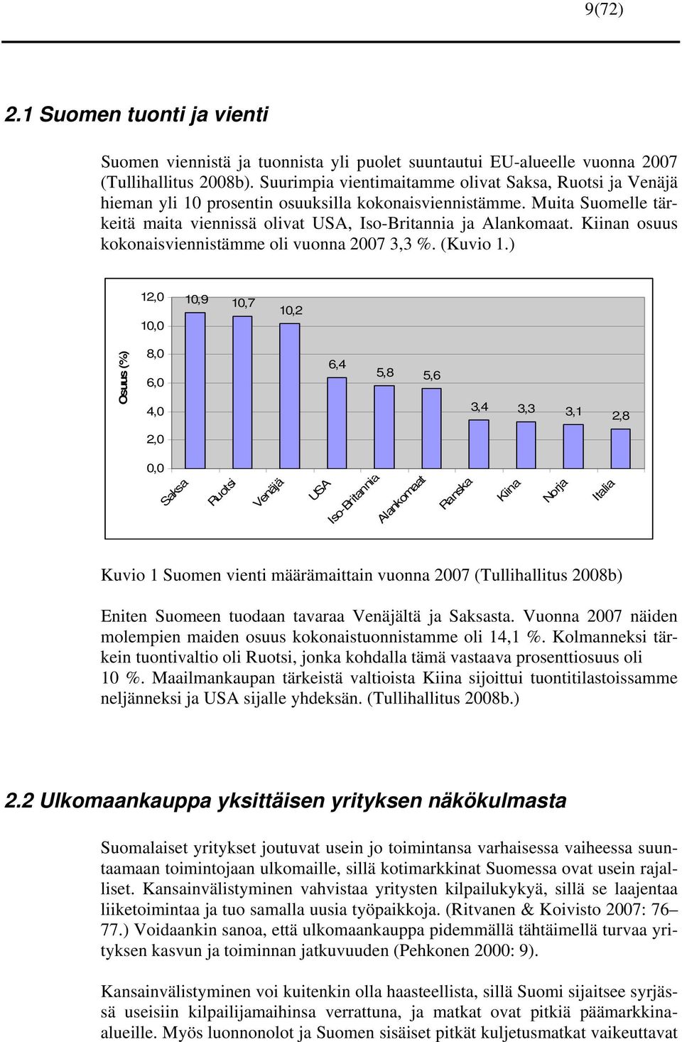 Kiinan osuus kokonaisviennistämme oli vuonna 2007 3,3 %. (Kuvio 1.