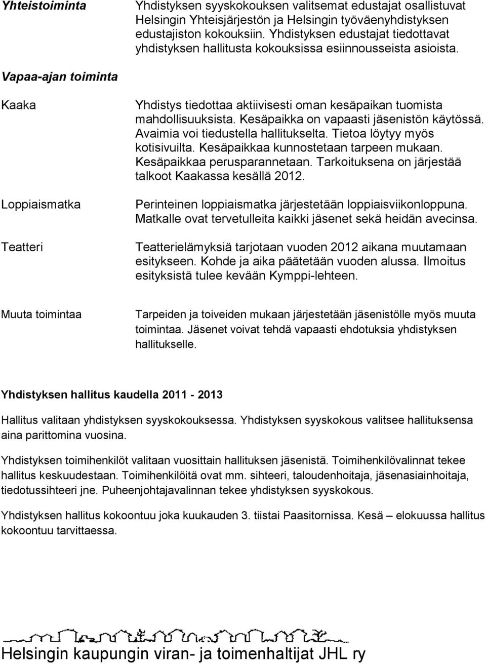 Vapaa-ajan toiminta Kaaka Loppiaismatka Teatteri Yhdistys tiedottaa aktiivisesti oman kesäpaikan tuomista mahdollisuuksista. Kesäpaikka on vapaasti jäsenistön käytössä.