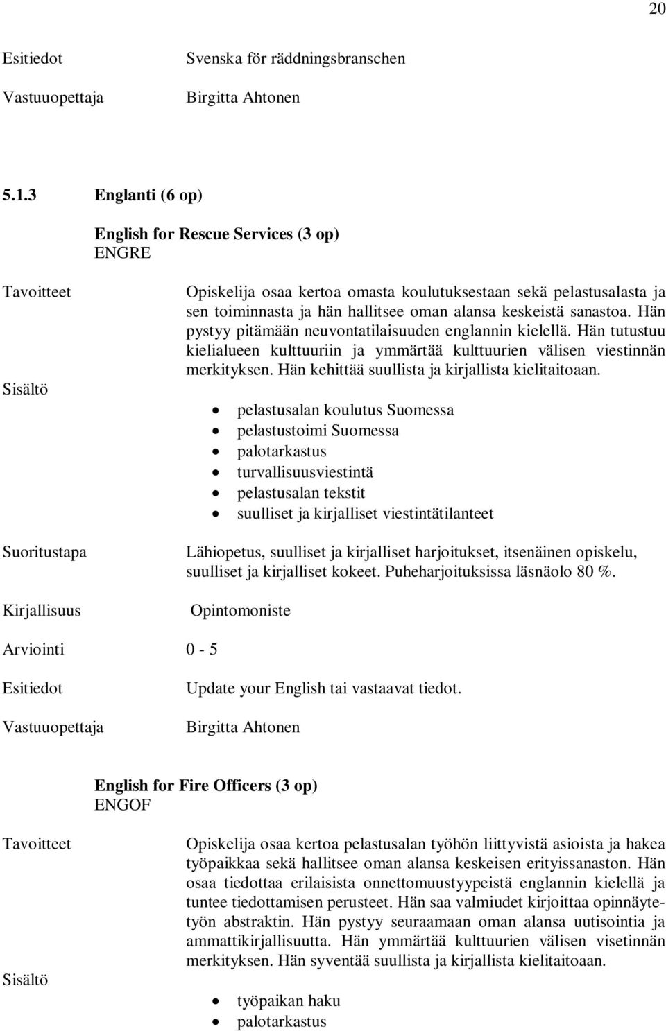 Hän pystyy pitämään neuvontatilaisuuden englannin kielellä. Hän tutustuu kielialueen kulttuuriin ja ymmärtää kulttuurien välisen viestinnän merkityksen.