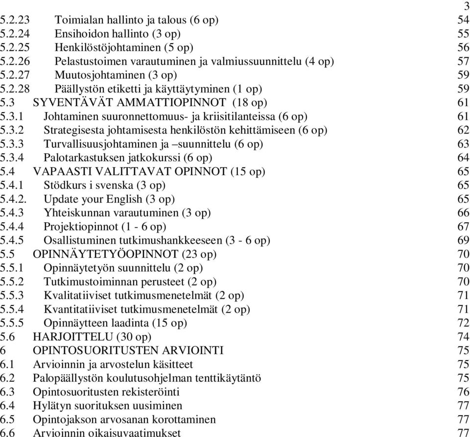 3.3 Turvallisuusjohtaminen ja suunnittelu (6 op) 63 5.3.4 Palotarkastuksen jatkokurssi (6 op) 64 5.4 VAPAASTI VALITTAVAT OPINNOT (15 op) 65 5.4.1 Stödkurs i svenska (3 op) 65 5.4.2.