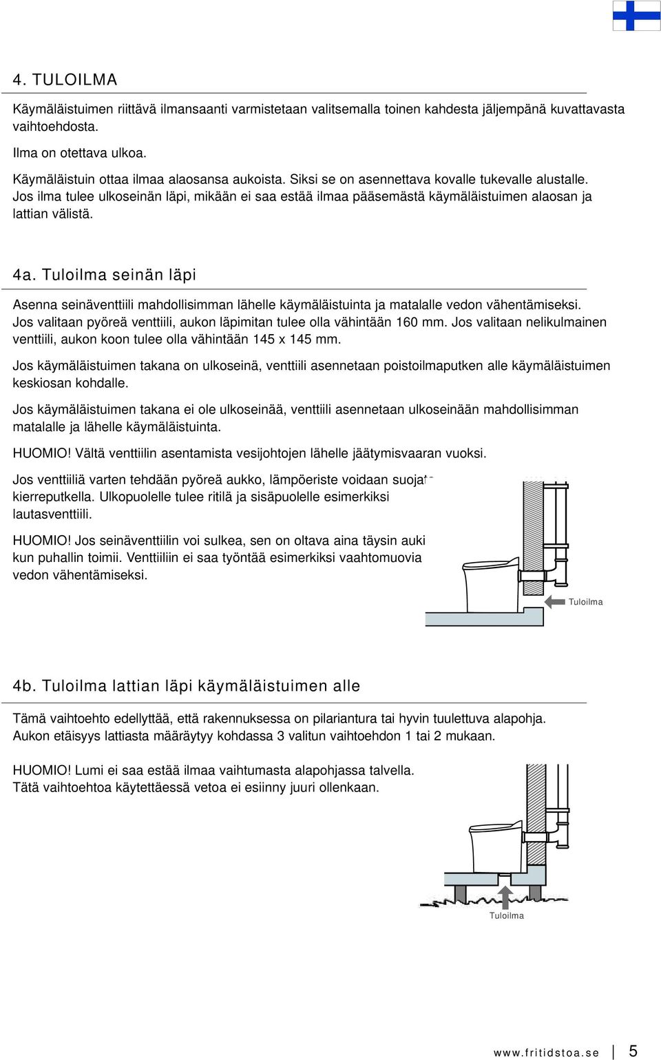 Tuloilma seinän läpi Asenna seinäventtiili mahdollisimman lähelle käymäläistuinta ja matalalle vedon vähentämiseksi. Jos valitaan pyöreä venttiili, aukon läpimitan tulee olla vähintään 160 mm.