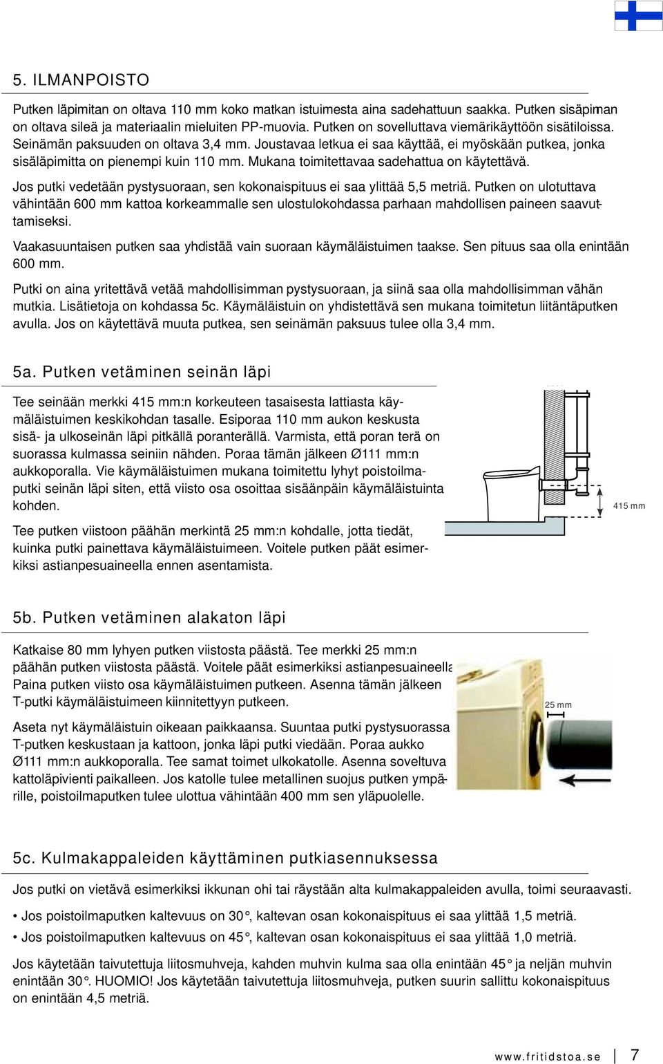 Mukana toimitettavaa sadehattua on käytettävä. Jos putki vedetään pystysuoraan, sen kokonaispituus ei saa ylittää 5,5 metriä.