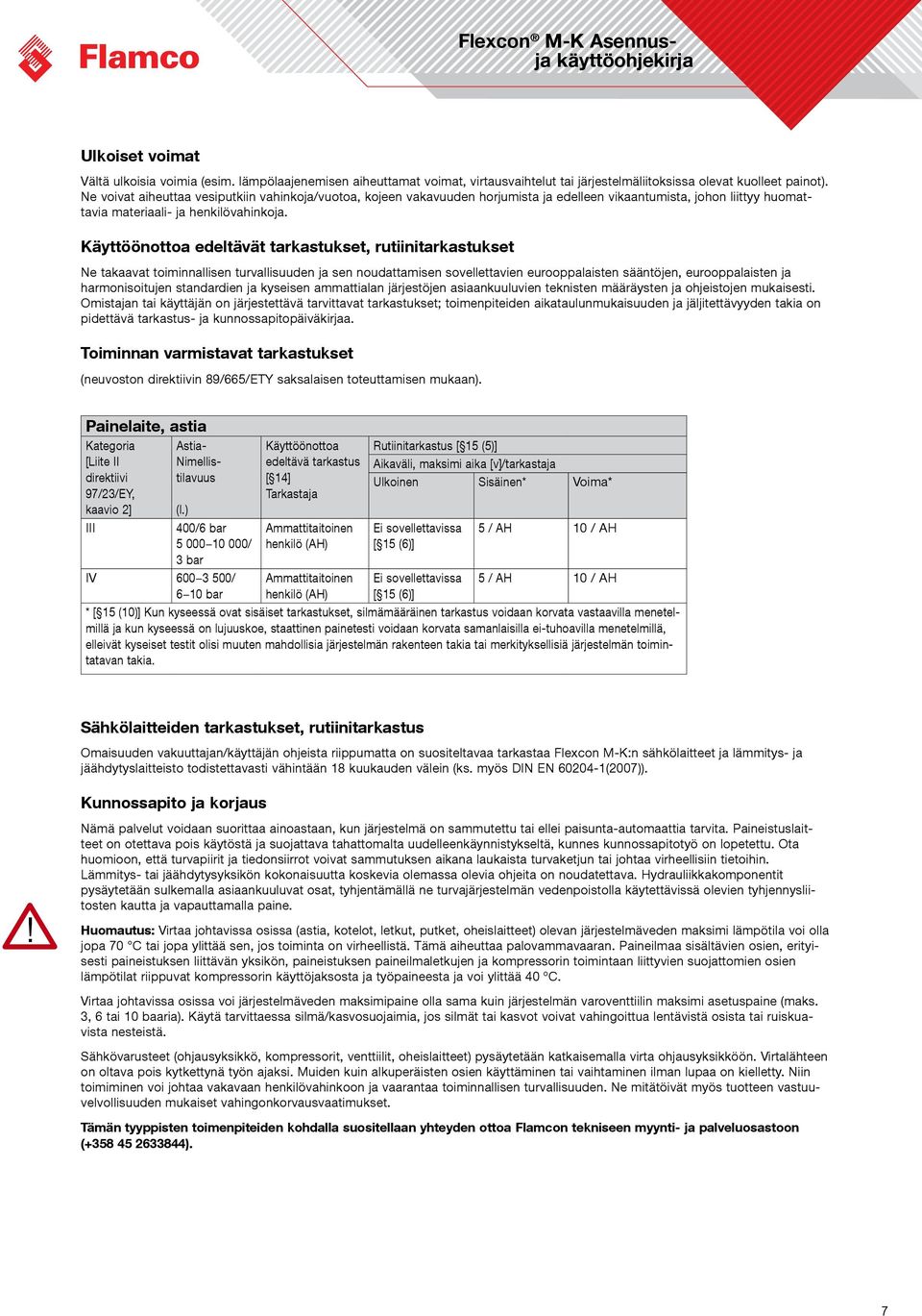 Käyttöönottoa edeltävät tarkastukset, rutiinitarkastukset Ne takaavat toiminnallisen turvallisuuden ja sen noudattamisen sovellettavien eurooppalaisten sääntöjen, eurooppalaisten ja harmonisoitujen