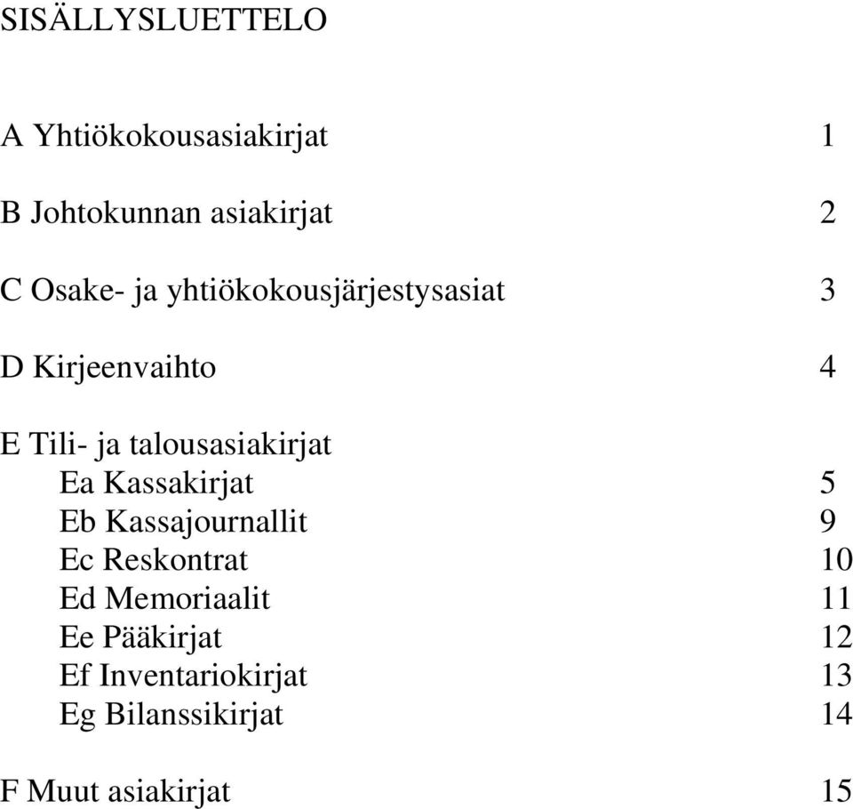 talousasiakirjat Ea Kassakirjat 5 Eb Kassajournallit 9 Ec Reskontrat 10 Ed