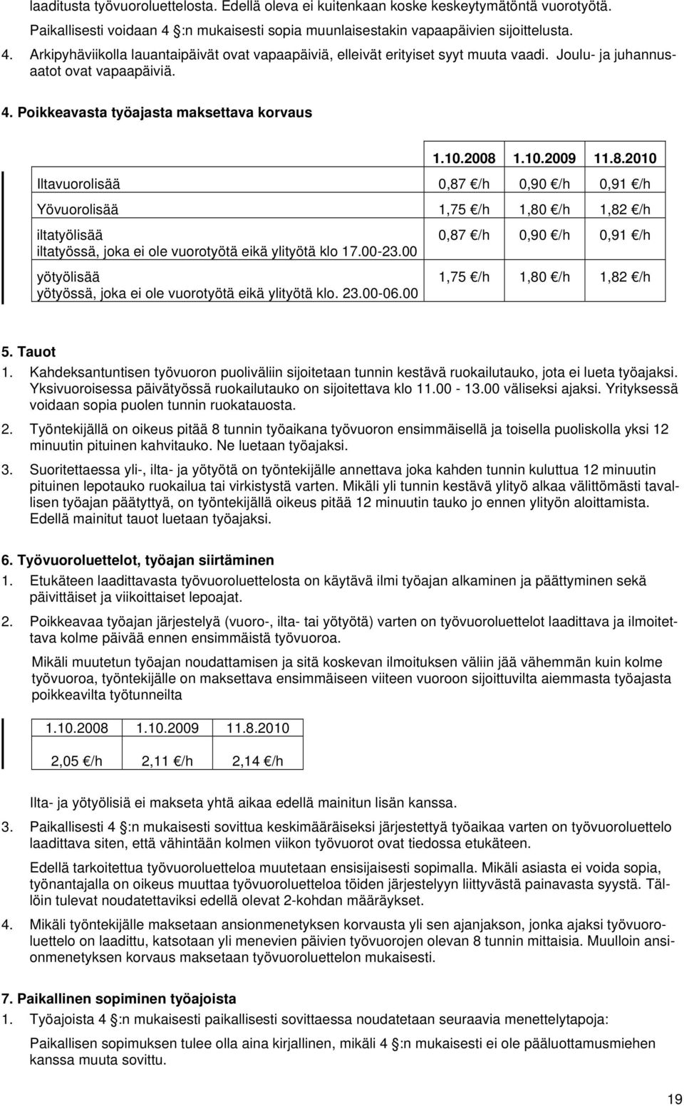 10.2008 1.10.2009 11.8.2010 Iltavuorolisää 0,87 /h 0,90 /h 0,91 /h Yövuorolisää 1,75 /h 1,80 /h 1,82 /h iltatyölisää iltatyössä, joka ei ole vuorotyötä eikä ylityötä klo 17.00-23.