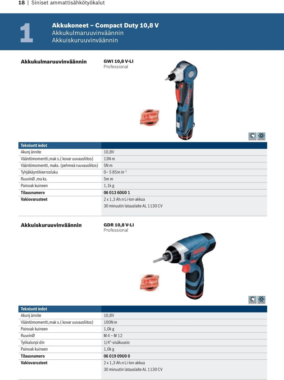 5m m Painoak kuineen 1,1k g Tilausnumero 06 013 60U0 1 Vakiovarusteet 2 x 1,3 Ah:n Li-Ion-akkua 30 minuutin latauslaite AL 1130 CV Akkuiskuruuvinväännin GDR 10,8 V-LI Akunj ännite 10,8V