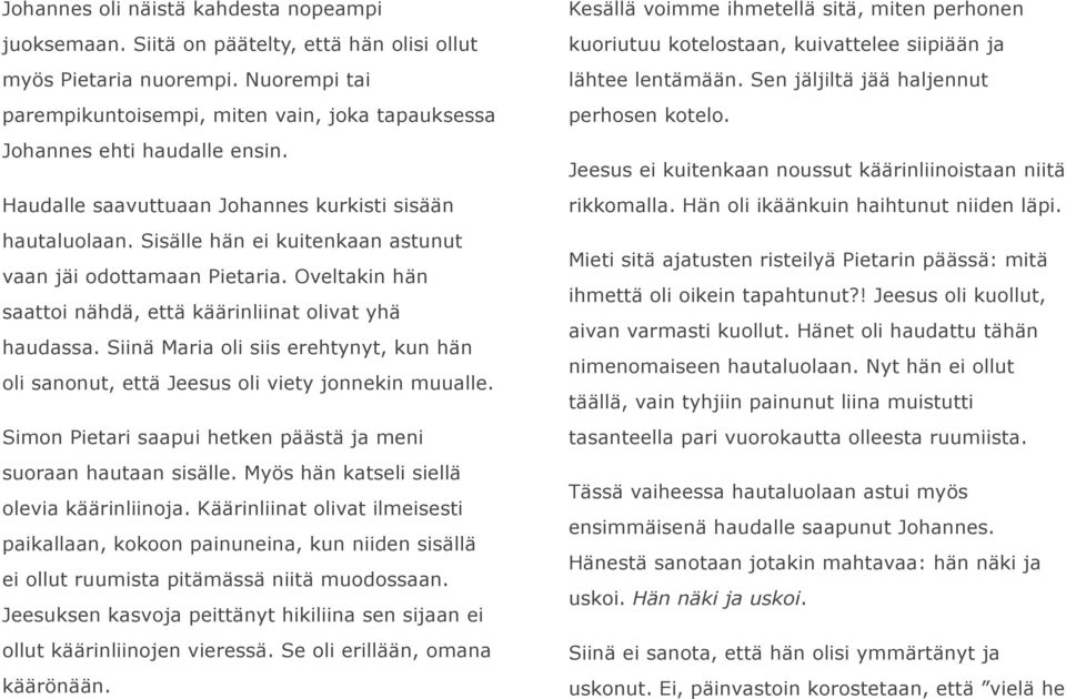 Sisälle hän ei kuitenkaan astunut vaan jäi odottamaan Pietaria. Oveltakin hän saattoi nähdä, että käärinliinat olivat yhä haudassa.
