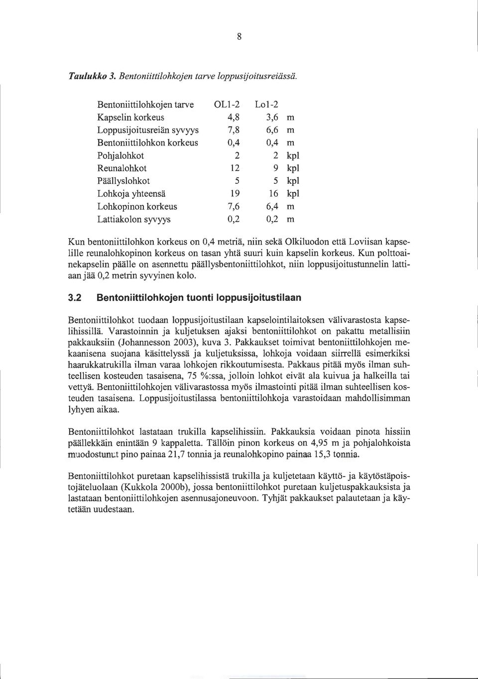 kpl Lohkoj a yhteensä 19 16 kpl Lohkopinon korkeus 7,6 6,4 m Lattiakolon syvyys 0,2 0,2 m Kun hentoniittilohkon korkeus on 0,4 metriä, niin sekä Olkiluodon että Loviisan kapselille reunalohkopinon