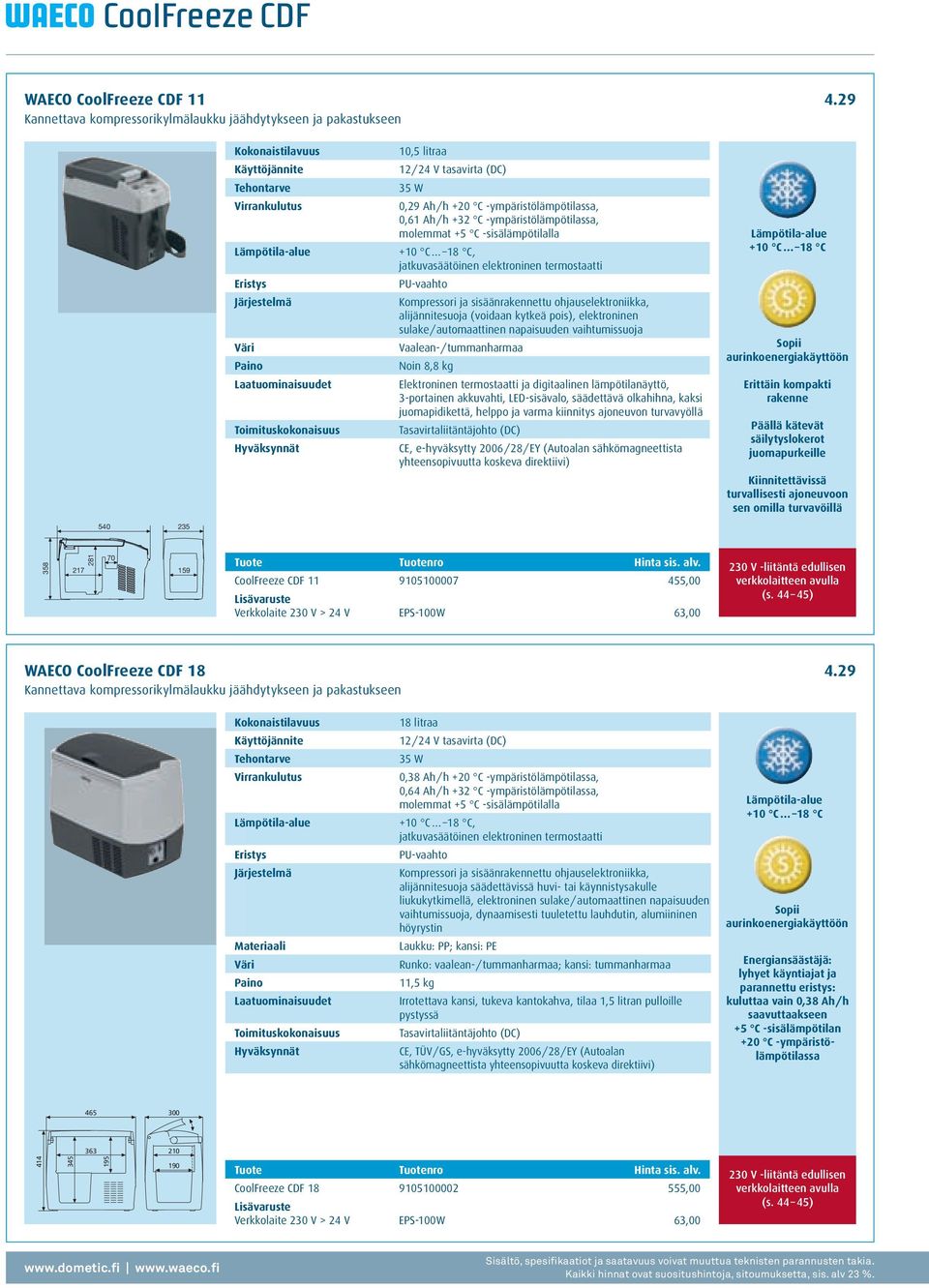 24 V tasavirta (DC) 35 W 0,29 Ah / h +20 C -ympäristölämpötilassa, 0,61 Ah / h +32 C -ympäristölämpötilassa, molemmat +5 C -sisälämpötilalla +10 C 18 C, jatkuvasäätöinen elektroninen termostaatti