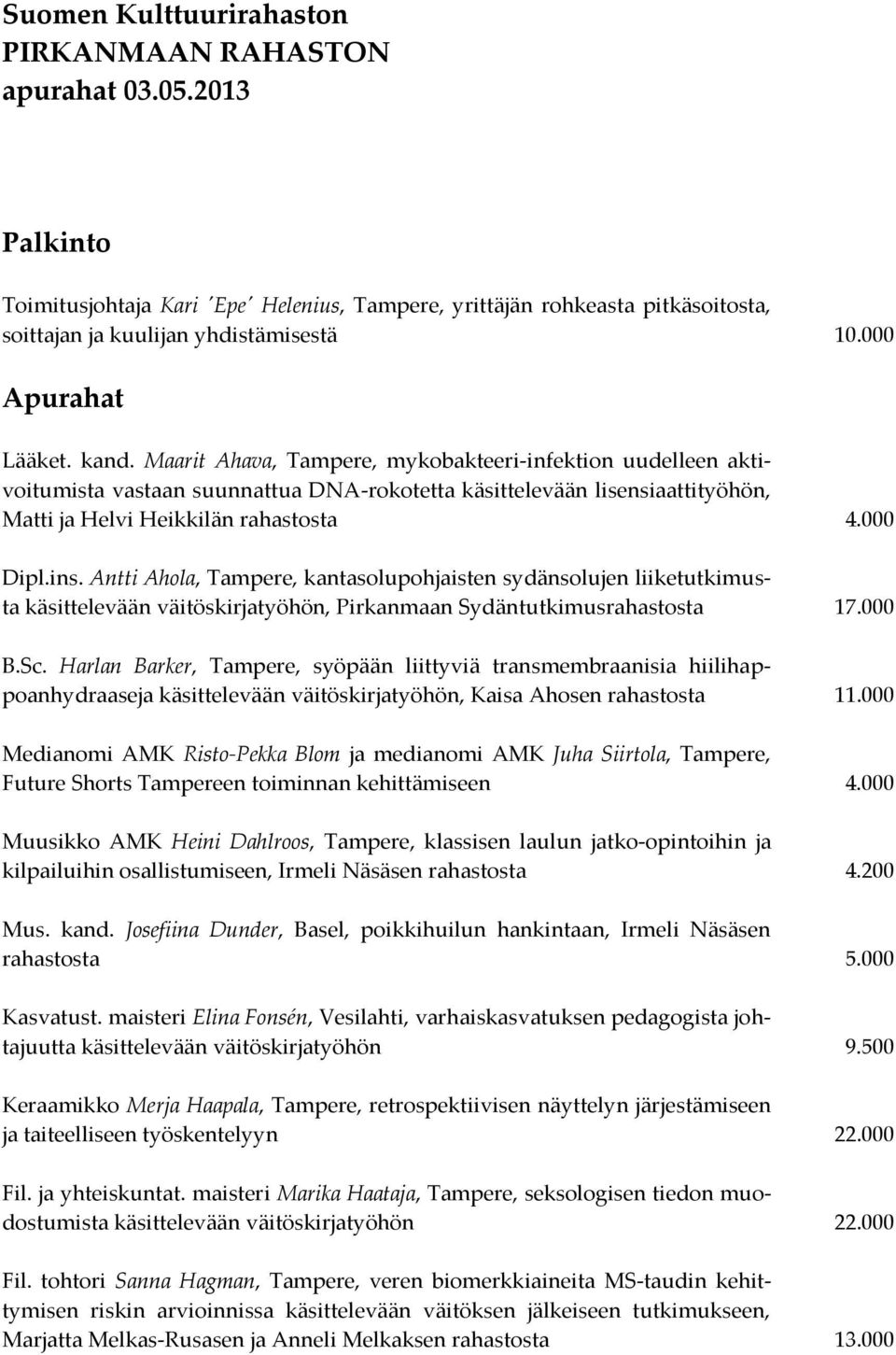 Maarit Ahava, Tampere, mykobakteeri-infektion uudelleen aktivoitumista vastaan suunnattua DNA-rokotetta käsittelevään lisensiaattityöhön, Matti ja Helvi Heikkilän rahastosta 4.000 Dipl.ins.