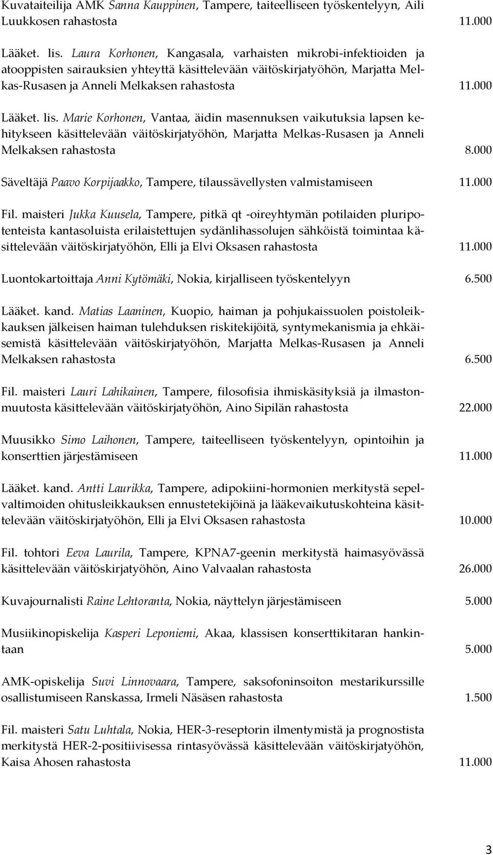 lis. Marie Korhonen, Vantaa, äidin masennuksen vaikutuksia lapsen kehitykseen käsittelevään väitöskirjatyöhön, Marjatta Melkas-Rusasen ja Anneli Melkaksen rahastosta 8.