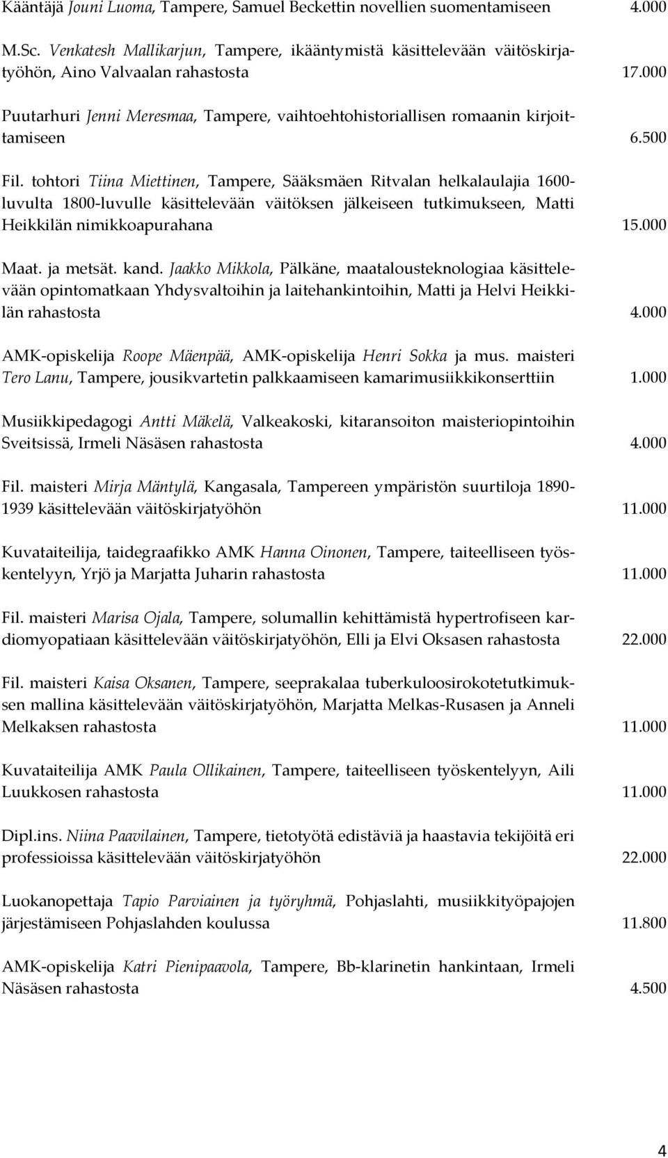 tohtori Tiina Miettinen, Tampere, Sääksmäen Ritvalan helkalaulajia 1600- luvulta 1800-luvulle käsittelevään väitöksen jälkeiseen tutkimukseen, Matti Heikkilän nimikkoapurahana 15.000 Maat. ja metsät.